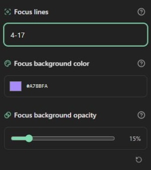 Focus range, background color and opacity controls