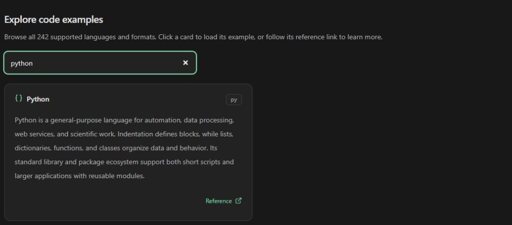Language gallery filtered to the Python example