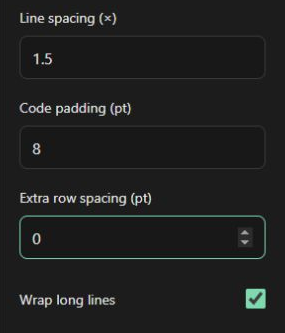 Line spacing, code padding, extra row spacing and wrapping controls