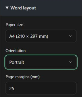 Paper size, portrait orientation and 25 mm margins in the Word layout settings